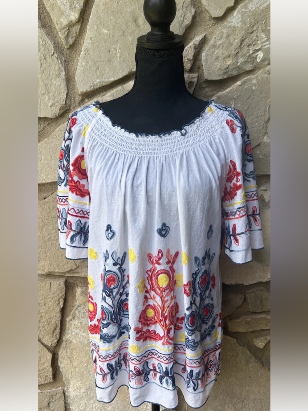 Multiples Embroidered Tunic Top Small White Multicolor Off On Shoulder